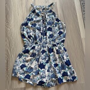 Floral Halter Romper in White and Blue - tie  neck front